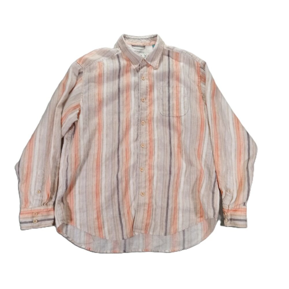 Tommy Bahama 100% Linen Shirt Men XL Orange Tan Striped Long Sleeve Button Up